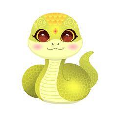 Cartoon snake cute character Chinese new year 2025 zodiac symbol. Cute green snake lunar new year oriental horoscope animal. Whimsical character isolated vector illustration Asian culture.