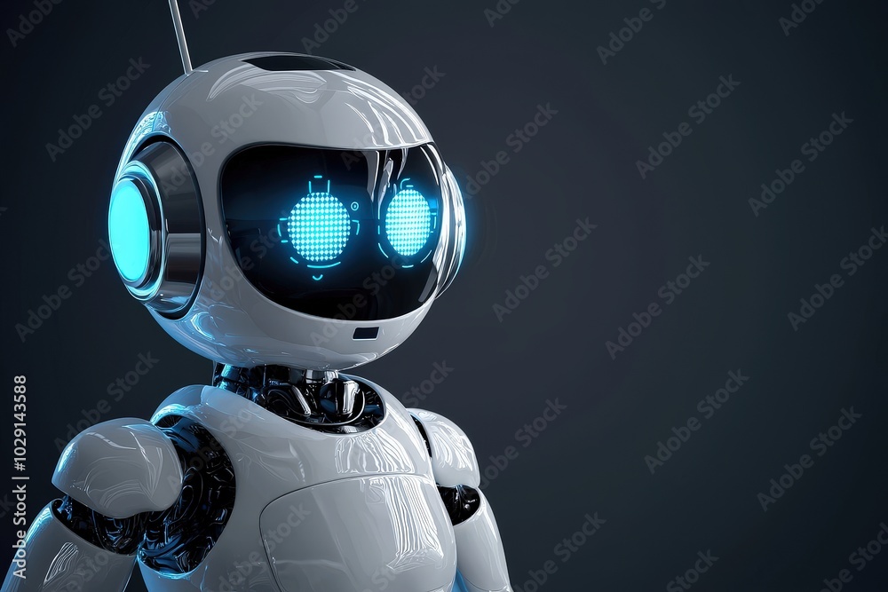 Poster the robot features a sleek, glossy exterior with bright blue eyes, highlighting its modern design. i