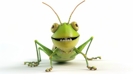 Cute smiling grasshopper, funny cartoon character isolated on white background