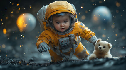 Baby in astronaut suit crawling with teddy bear in space