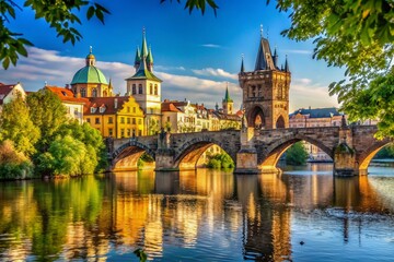 Fototapeta premium Scenic View of an Old Czech Bridge with Lush Surroundings and Clear Sky for Stock Photography