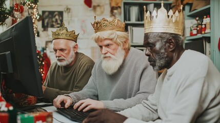 Three wise men using computers in a modern setting