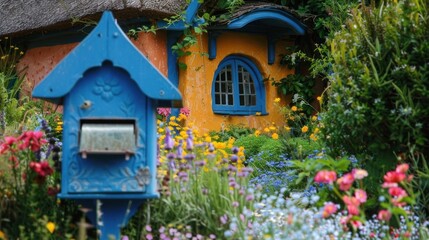 Blue Mailbox in Front of a Yellow Cottage with Flowers