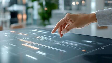 A hand dragging a task bar on a Gantt chart virtual diagram, updating the progress timeline and shifting milestone targets on a sleek display.