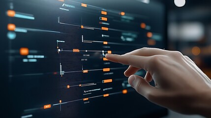 A hand dragging a task bar on a Gantt chart virtual diagram, updating the progress timeline and shifting milestone targets on a sleek display.
