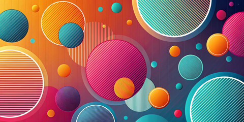 Vibrant circles of different sizes and colors, including shades of orange, pink, blue and teal, overlap each other on a gradient background. Geometric design for background or wallpaper. AI generated.