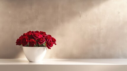 Red Roses in a White Vase on a White Shelf