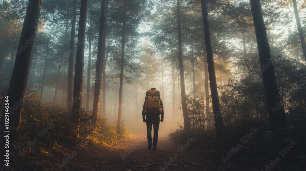 Poster A solitary hiker navigates a misty forest trail at dawn, surrounded by tall trees and soft sunlight filtering through the fog, creating a peaceful and contemplative atmosphere.