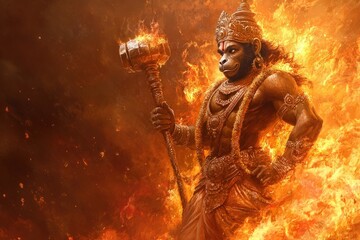 A spiritual depiction of Hanuman as a protector, standing guard with his mace, surrounded by flames, symbolizing his fierce dedication to righteousness and protection of devotees