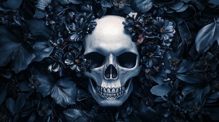 scary halloween skull decorated with flowers on forest background