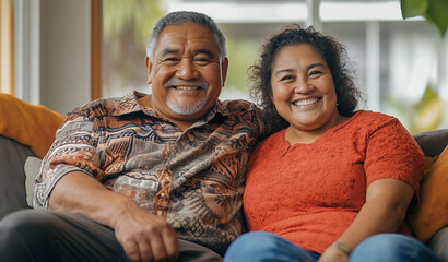 Happy Maori couple sits comfortably in a cozy living light room, generated ai