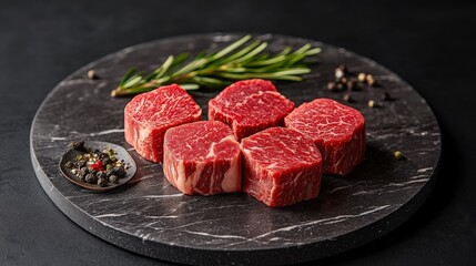 A professional kitchen setting with Wagyu beef meticulously arranged on dark gray marble, emphasizing its premium quality.