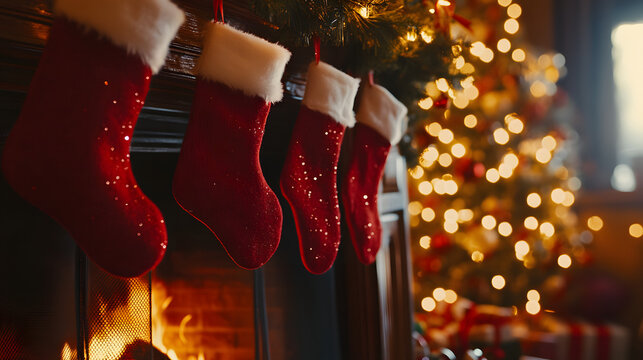 Christmas stockings hung above a fireplace with a crackling fire and garlands draped over the mantel.