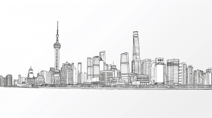 Obraz premium Minimalist black and white line drawing of a city skyline, showcasing iconic buildings and structures in a clean, artistic style for a modern backdrop.