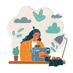 Cartoon vector illustration of Tailoring Process - Woman behind her sewing machine.