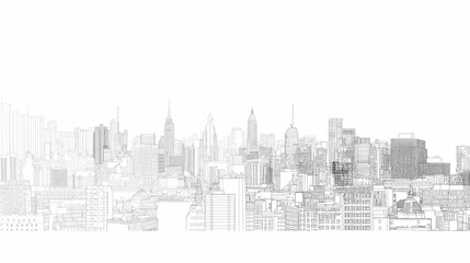 Naklejka premium Minimalist black and white line drawing of a city skyline, showcasing iconic buildings and structures in a clean, artistic style for a modern backdrop.