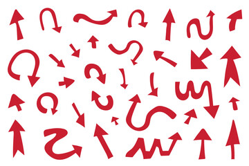 Red arrows point in various directions and various arrow shapes, straight, curved, circular, curved. Vector illustration