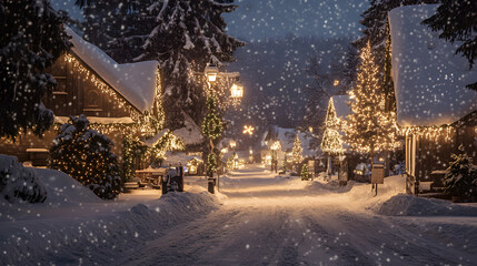 Snow gently falling over a small village with Christmas decorations illuminating the streets.