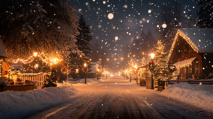 Obraz premium Snow gently falling over a small village with Christmas decorations illuminating the streets.