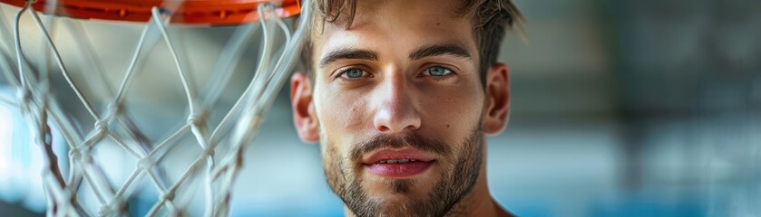 Obraz premium Man with basketball hoop, white background, sports equipment