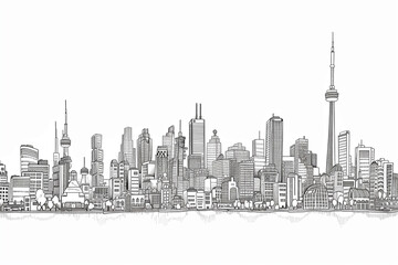 Minimalist black and white line drawing of a city skyline, showcasing iconic buildings and structures in a clean, artistic style for a modern backdrop.