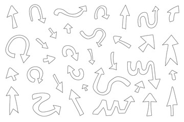 Black and white arrows point in various directions and various arrow shapes, straight, curved, circular, curved. Vector illustration