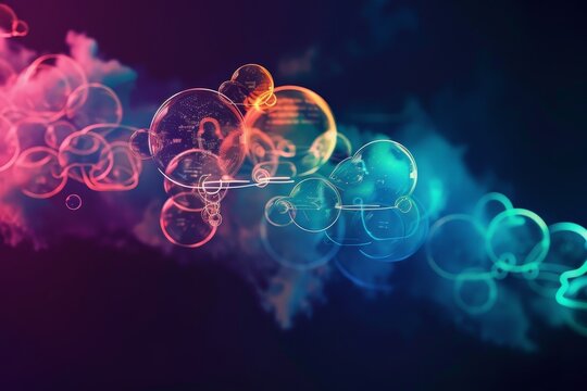Abstract thought bubbles containing cybersecurity concepts, A close-up of shimmering bubbles in blue water, highlighting the delicate interplay of light and fluidity.