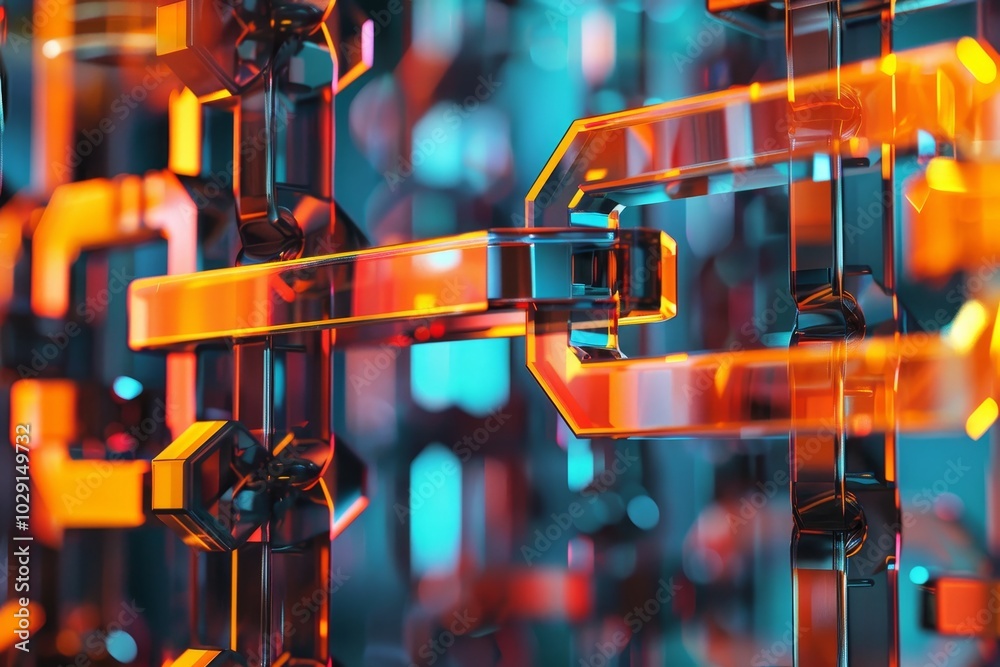 Poster abstract visuals symbolizing blockchain cryptography ,a series of gold links showcased in front of a