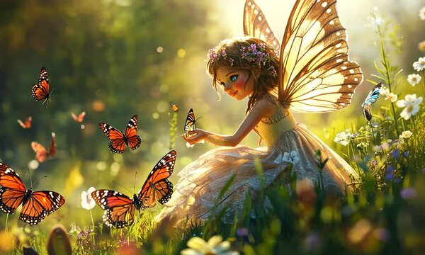 A fairy with wings sits in a field of flowers and butterflies while looking at a butterfly.