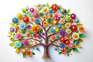 Colorful tree with leaves on hanging branches illustration background. 3d abstract wallpaper . Floral tree with multicolor leaves