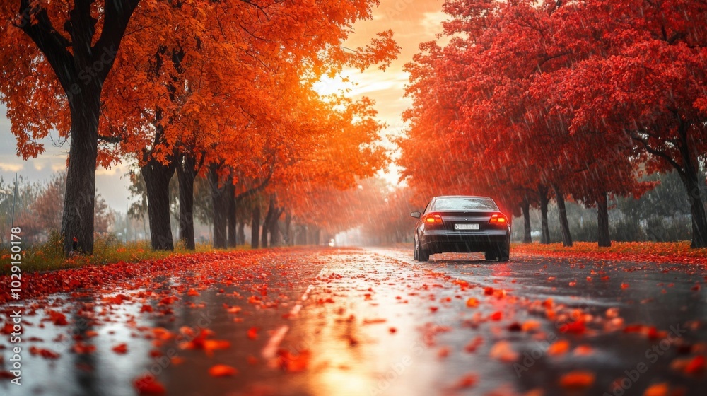 Poster a car drives down a road that is lined with trees with red leaves. it is raining and there are leave