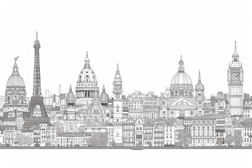 Minimalist black and white line drawing of a city skyline, showcasing iconic buildings and structures in a clean, artistic style for a modern backdrop.