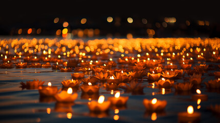 Fototapeta premium Loy Krathong, Loy Bua, A serene nighttime scene of glowing candles floating among water lilies. The gentle reflections and warm light create a calming atmosphere perfect for relaxation and reflection.
