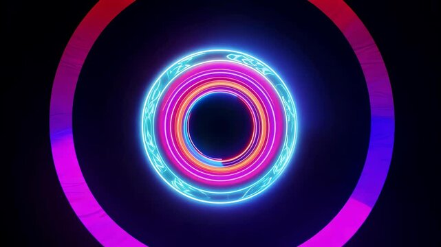 Glowing rainbow circles: Concentric circles of neon rainbow light pulse outward. Glowing, hypnotic rhythm of colors. Abstract texture, pattern, background, backdrop.