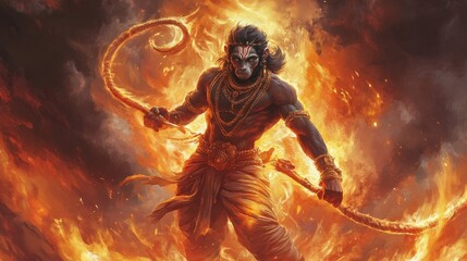 Fototapeta premium An artistic representation of Lord Hanuman in a warrior stance, holding his gada (mace), with a fiery aura surrounding him, highlighting his courage and might in the face of adversity