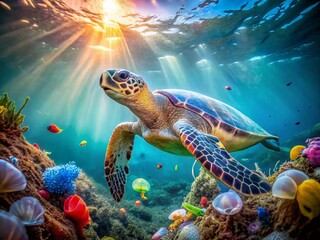 Fototapeta premium Sea Turtle Swimming Through Plastic Pollution - Environmental Awareness Image