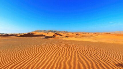 A vast, rippled desert landscape stretches out under a clear blue sky.