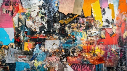 Fototapeta premium A close-up of a wall covered in torn, colorful, and weathered posters.