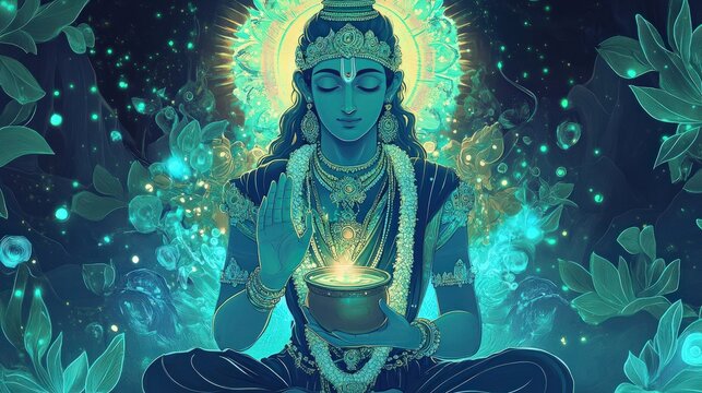 A serene illustration of Lord Dhanvantari, the god of medicine, holding a pot of nectar (amrita), surrounded by calming blue and green tones symbolizing healing and vitality