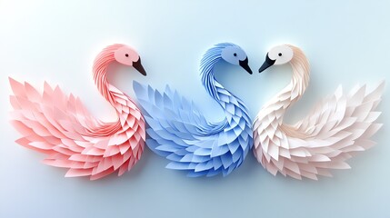 Fototapeta premium Multilayered paper cut origami swans in soft hues, forming an elegant decoration, paper cut swan, origami nature design
