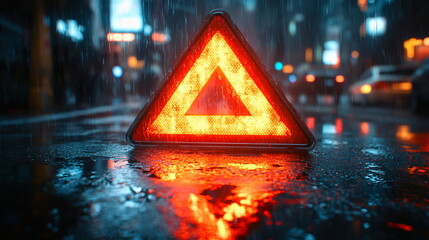 Illuminated Reflections with an Emergency Triangle in Rainy Night Road