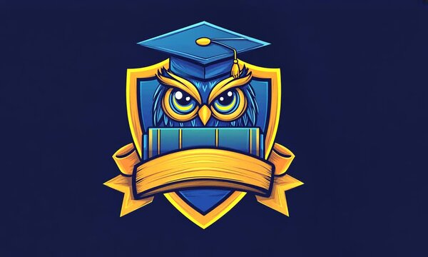 A blue owl wearing a graduation cap and holding a book, inside a shield with a yellow ribbon.
