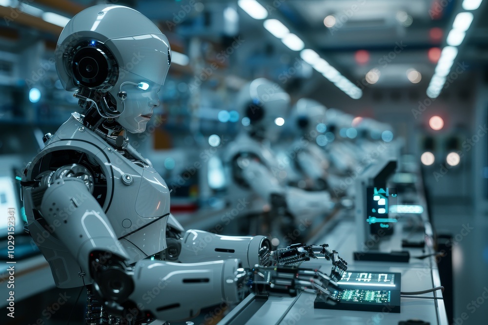 Poster ai robots working in a futuristic it lab ,a robot in a factory setting, diligently working on a comp