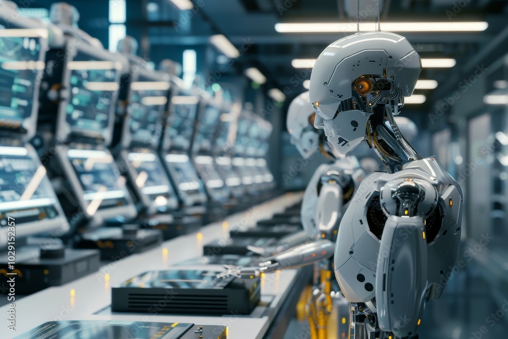 Poster ai robots working in a futuristic it lab,a factory robot operating a computer, illustrating the inte