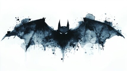 A watercolor illustration of a bat silhouette with dark blue and gray tones on a white background.