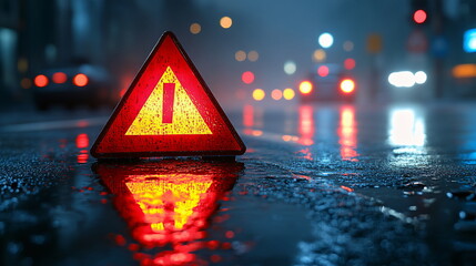 Illuminated Reflections with an Emergency Triangle in Rainy Night Road