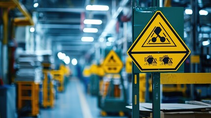 A well-lit industrial workspace featuring warning signs for hazardous materials, emphasizing safety protocols in a manufacturing environment.