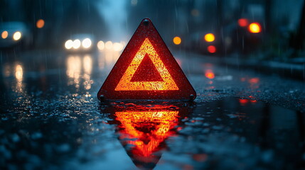Illuminated Reflections with an Emergency Triangle in Rainy Night Road