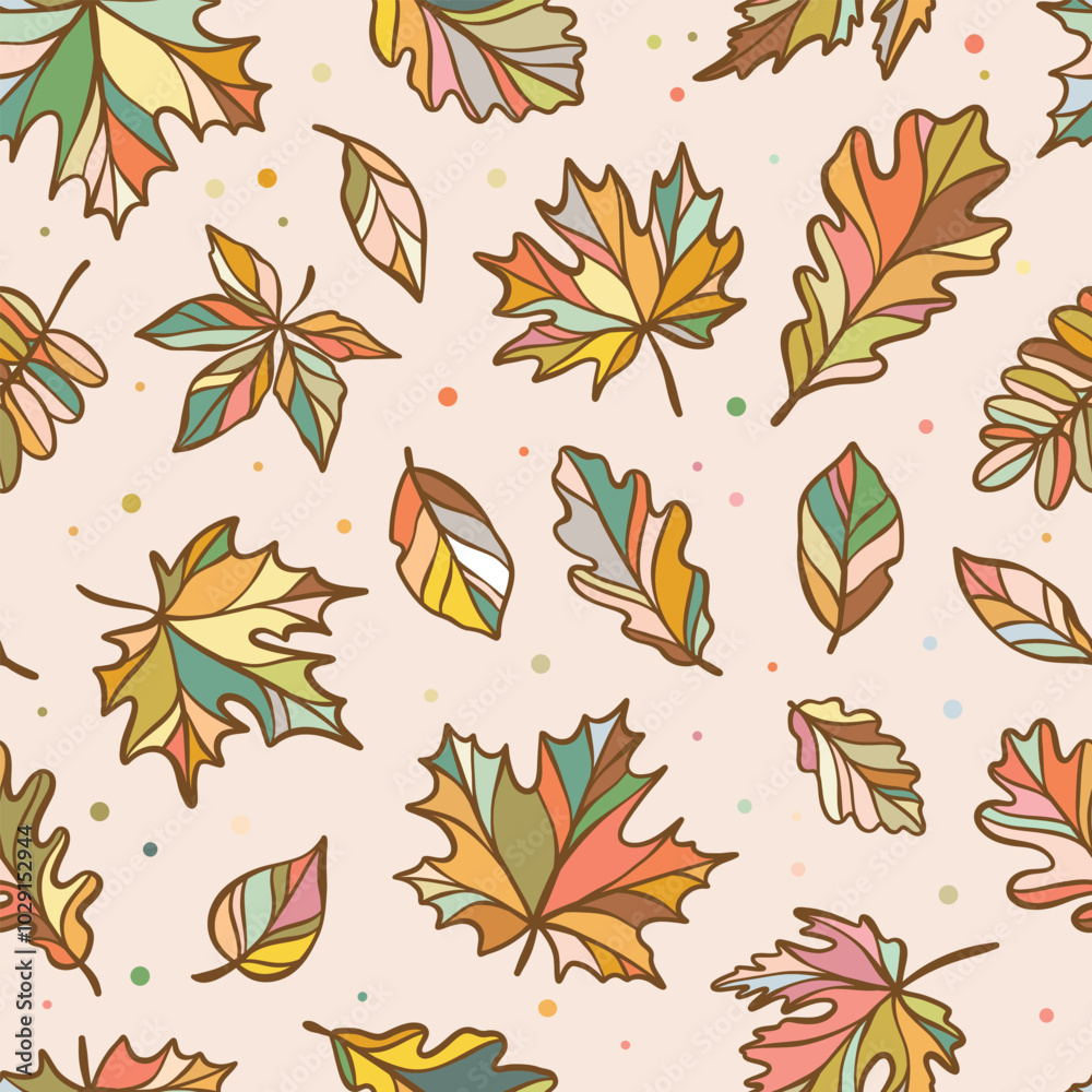 Poster seamless autumn leaves pattern, vector leaf print repeating tile, colorful fall wallpaper or textile