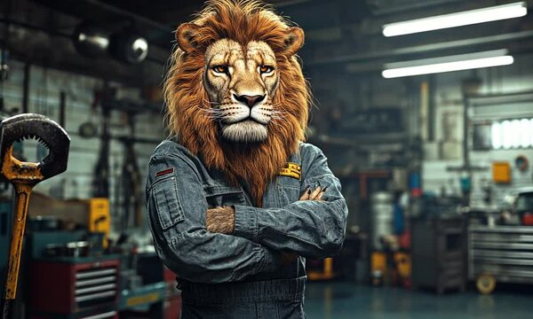 A lion wearing a blue jumpsuit and a yellow patch with his arms crossed. He is in a garage.